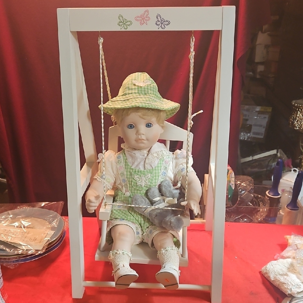 NIB - 1989 Danbury Mint Playtime Green and White Porcelain Doll on Swing Set